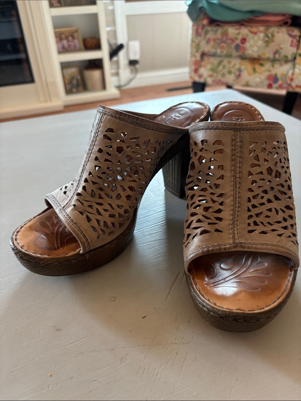 Women's Born Taupe is Laser-Cut Leather Heeled Mules